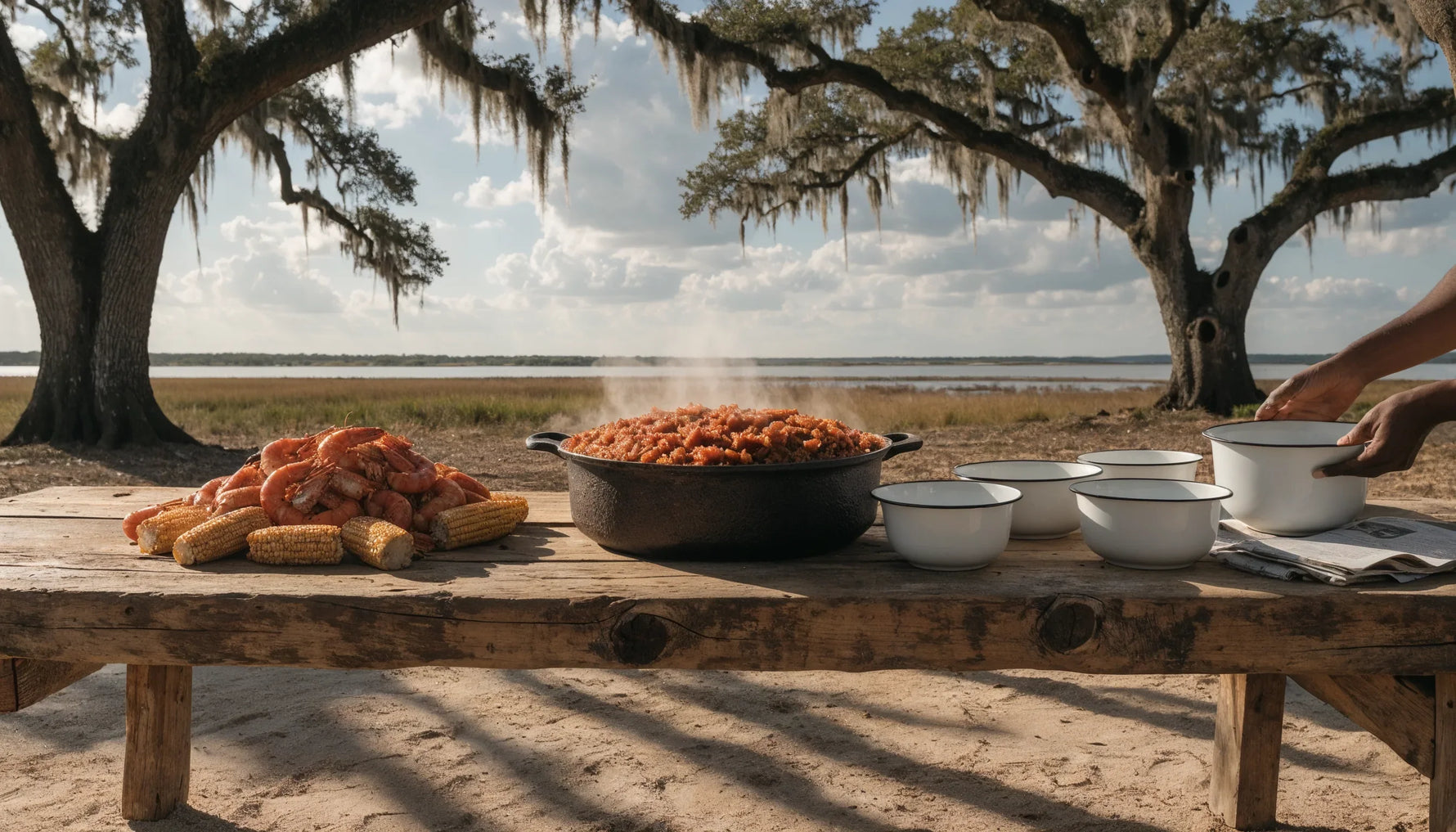 An outdoor plank table under live oaks holding a cast iron pot of red rice, enamel bowls and boiled shrimp, with tidal marsh behind