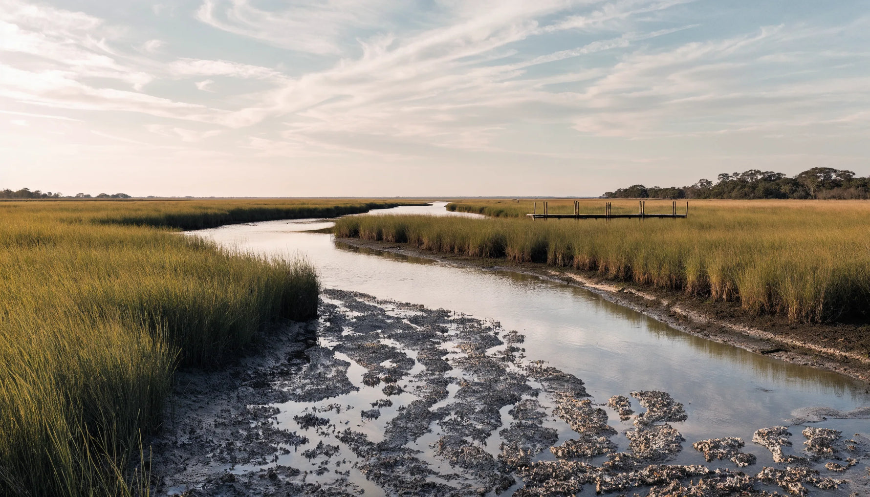 A tidal marsh at low tide with a winding creek, exposed mud banks, oyster beds and a narrow wooden dock under a wide dawn sky