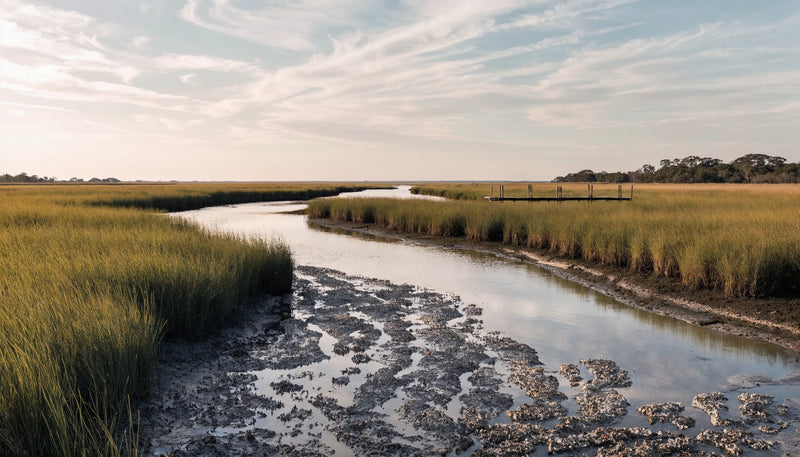 A tidal marsh at low tide with a winding creek, exposed mud banks, oyster beds and a narrow wooden dock under a wide dawn sky