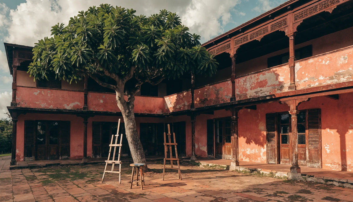 A wooden Caribbean art center with fretwork trim and louvered shutters around a tiled courtyard, with empty easels in tree shade.