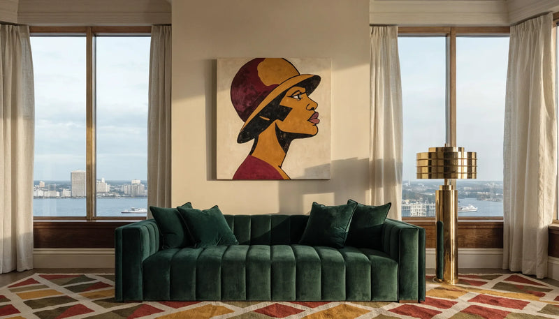 Emerald velvet sofa and brass Deco lamp in a small living room, one large jazz-age canvas on a cream wall, warm light