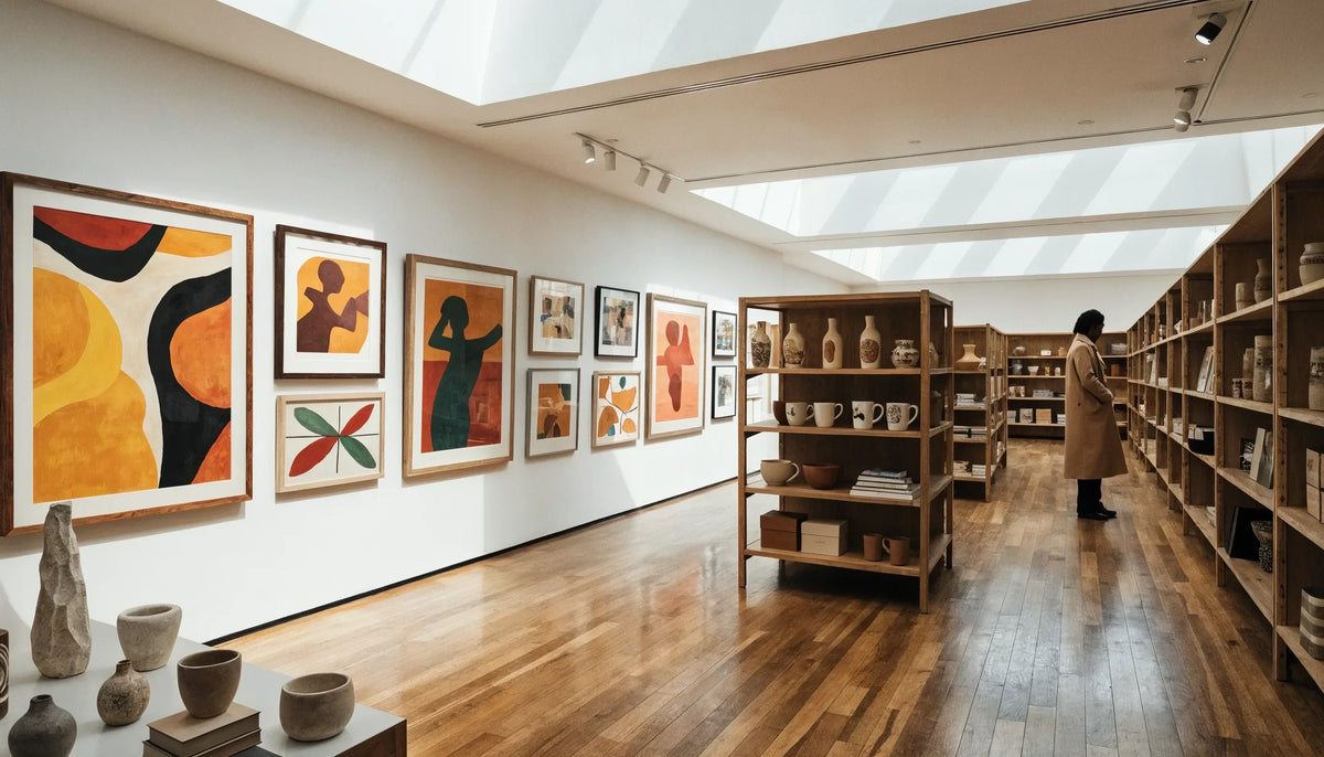 Black visitor browsing a wall of framed prints, bright modern museum gift shop with white walls, even daylight and shallow background focus