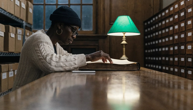Black archivist turning the pages of a large ledger, oak table in an archive reading room, low lamplight with soft background focus