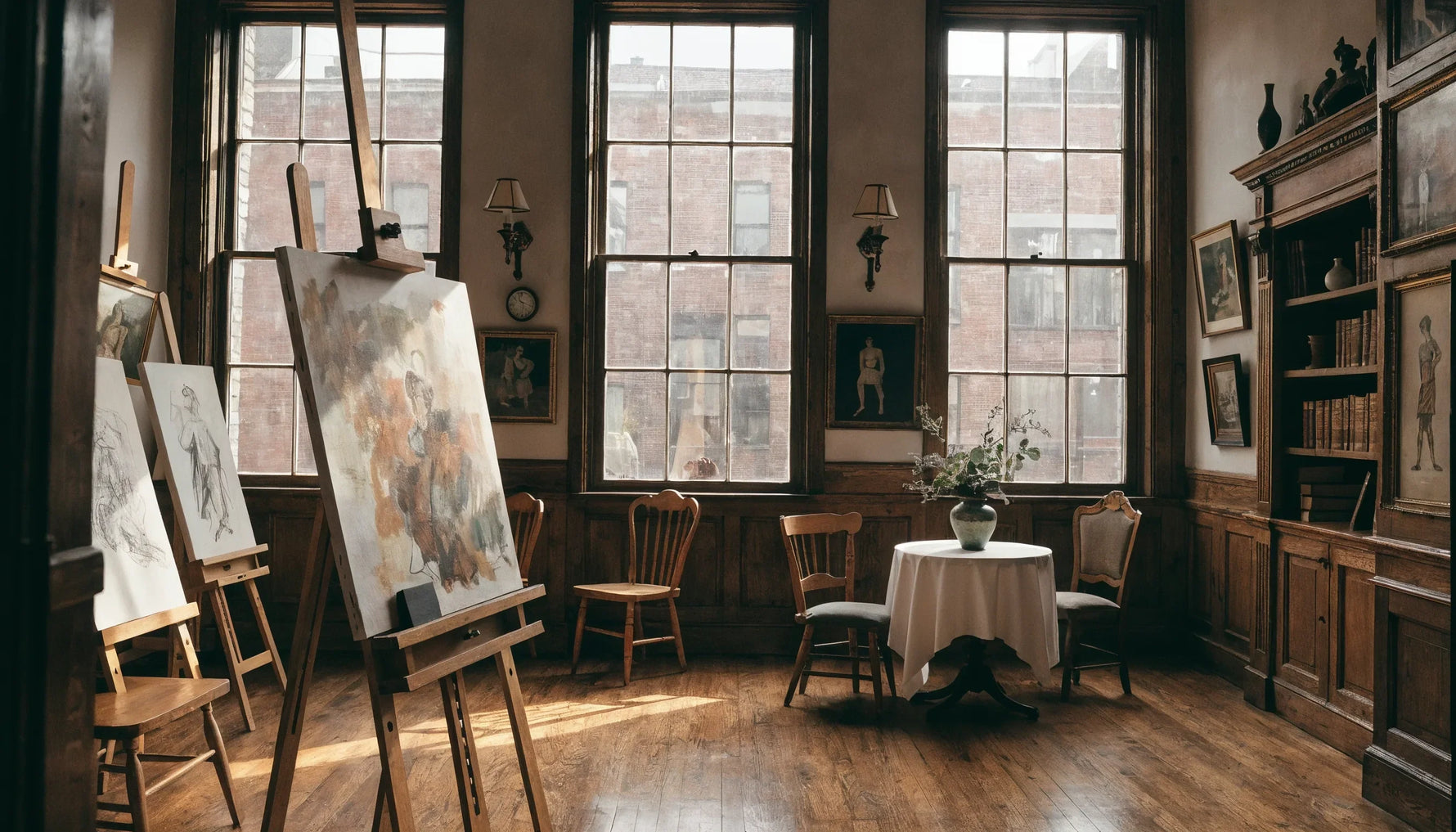 A 1920s Harlem Renaissance artists' studio and salon with easels and canvases, warm period light, jazz-age creative energy, no people.