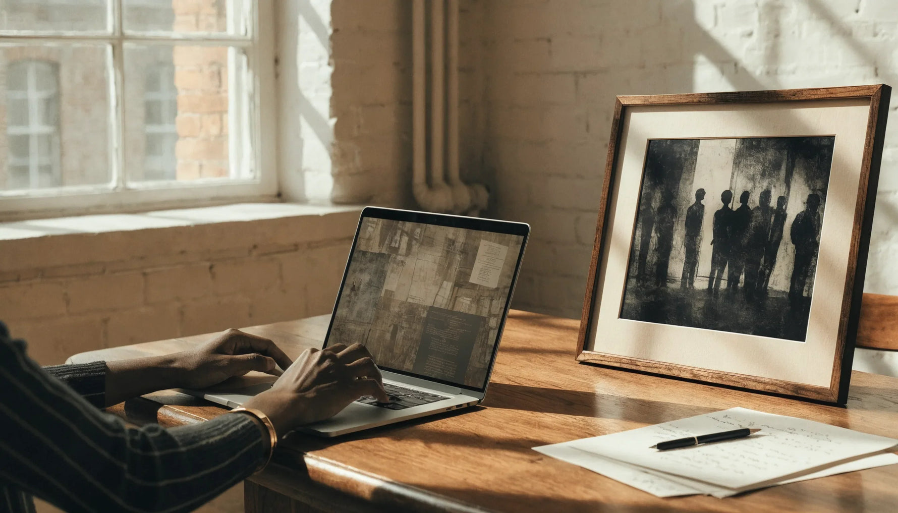 A research scene with a laptop, provenance notes, and a framed Black-art print