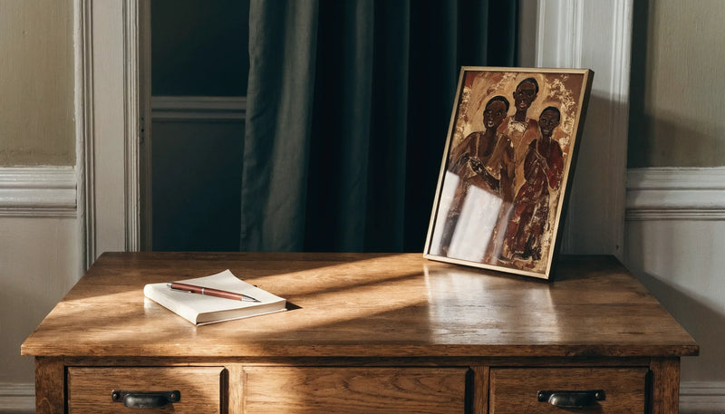 A small notebook and a modestly framed Black-art print on a calm desk