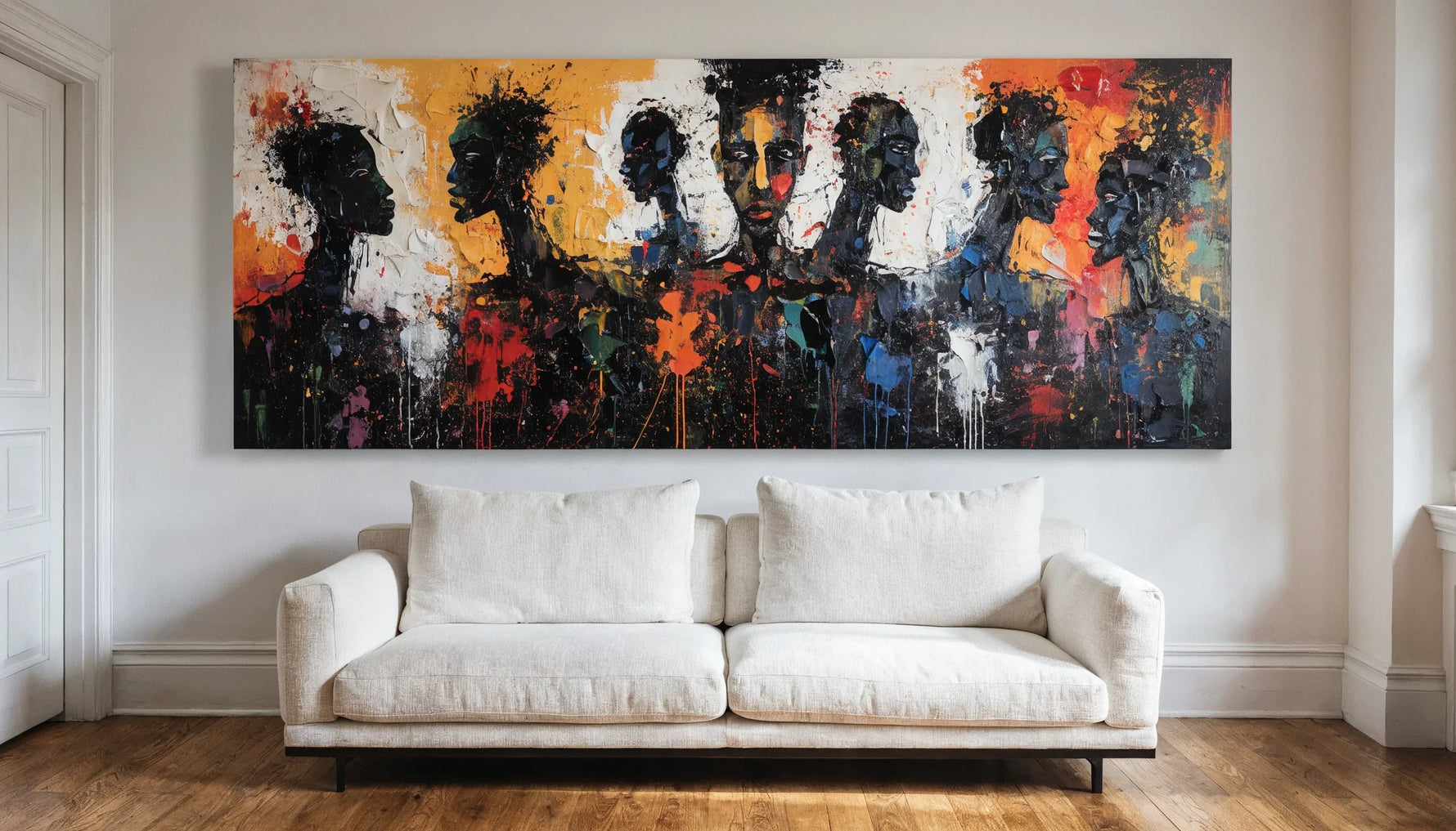 A modern living room with one large original Black-art canvas as the centerpiece above a sofa, minimalist.