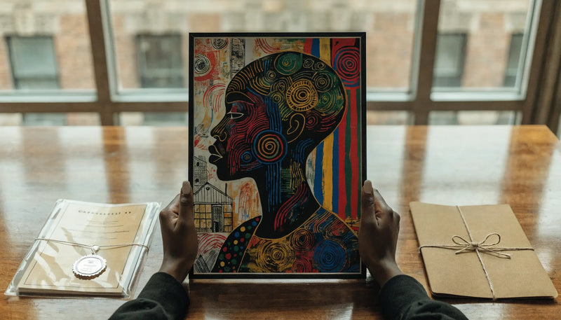 Hands holding a framed Black-art print beside a certificate of authenticity