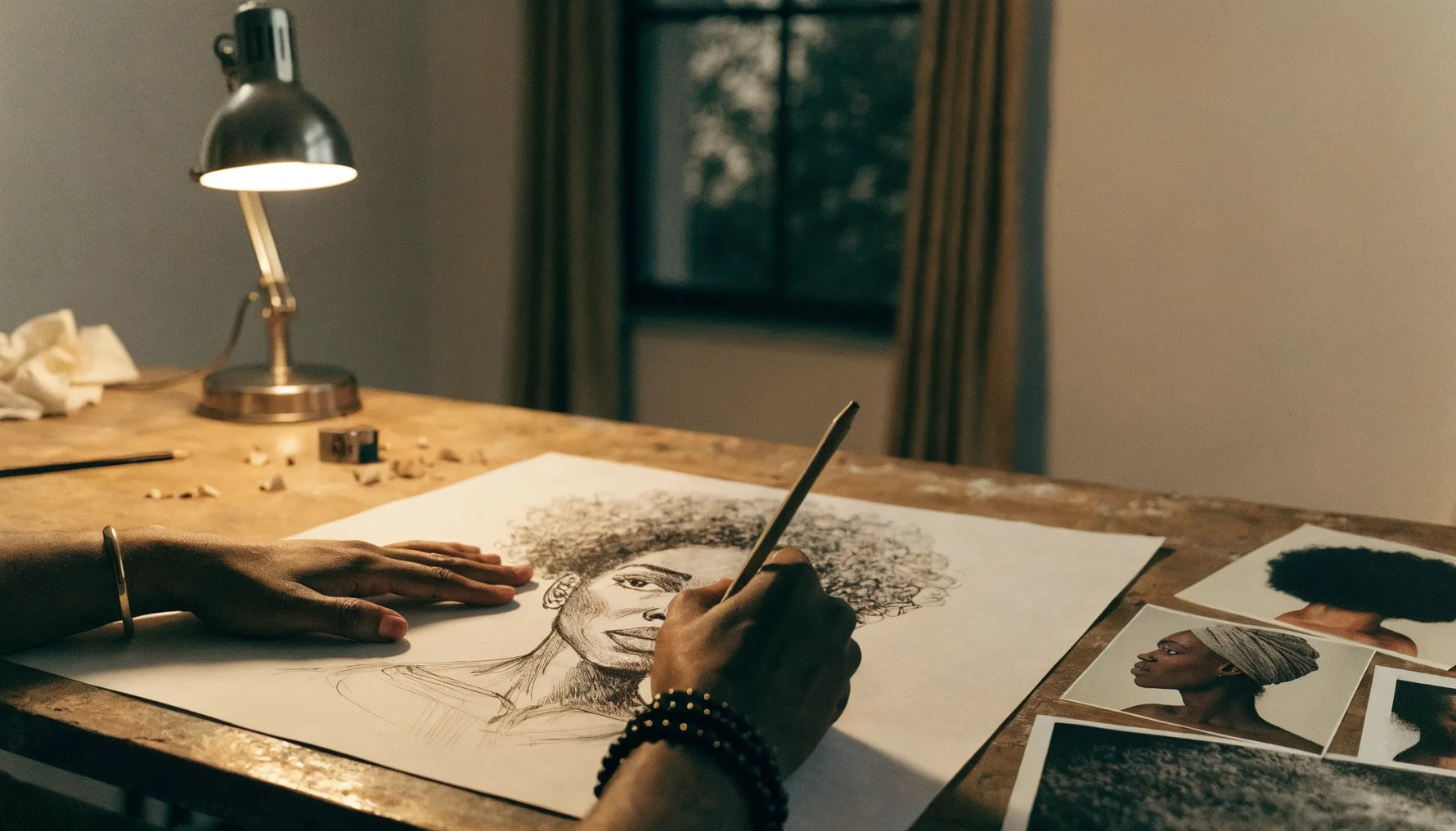 An artist's hands sketching a commissioned artwork beside reference photos