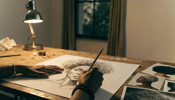 An artist's hands sketching a commissioned artwork beside reference photos