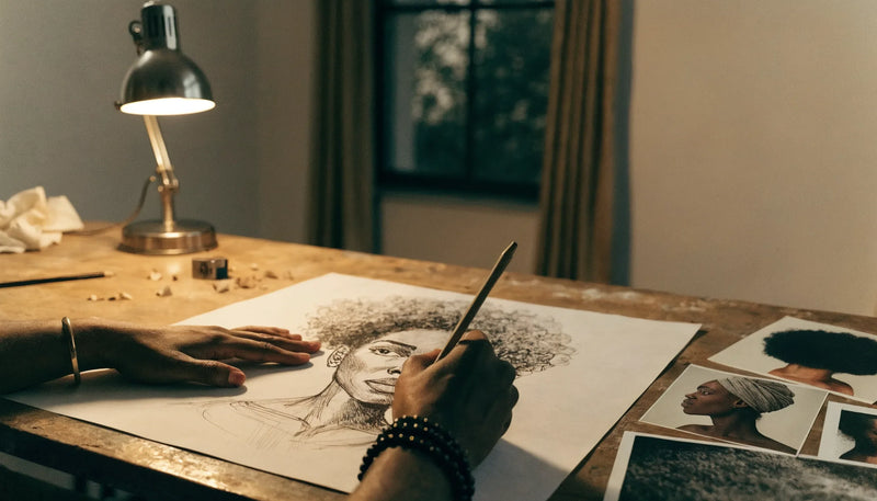 An artist's hands sketching a commissioned artwork beside reference photos