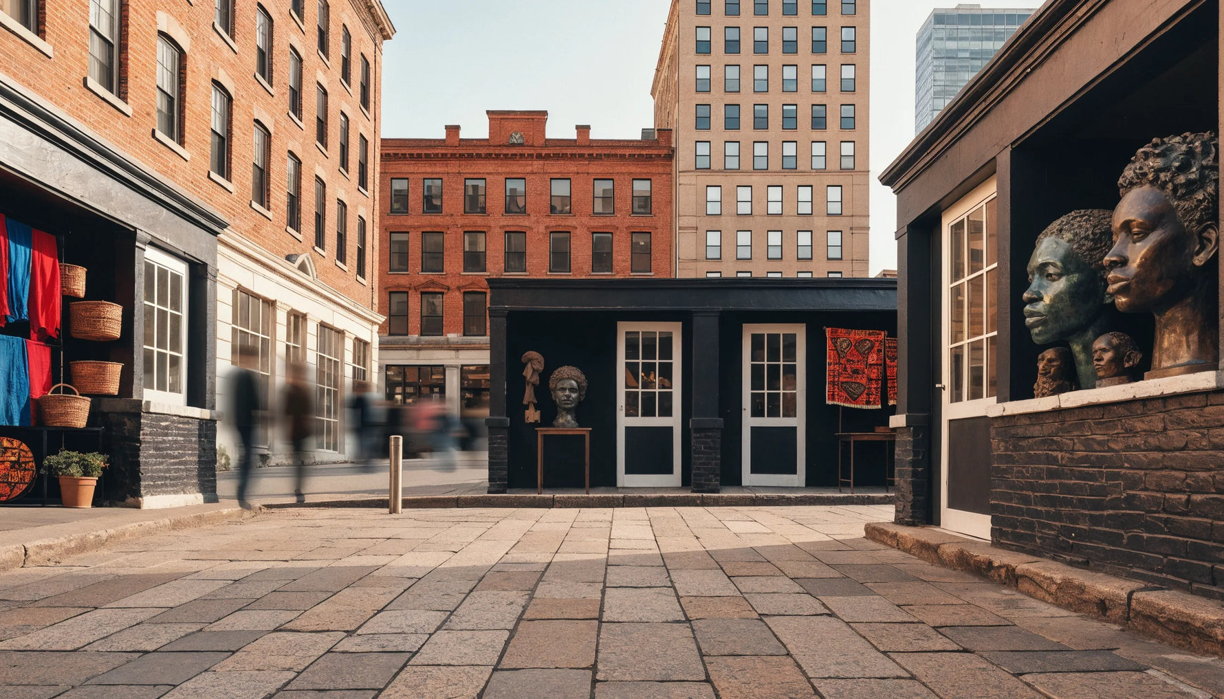 A community art market with booths of original Black-art works and distant figures