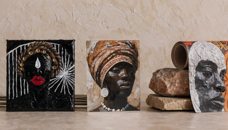 A flat-lay comparing an original canvas, a fine-art print, and a poster of Black art