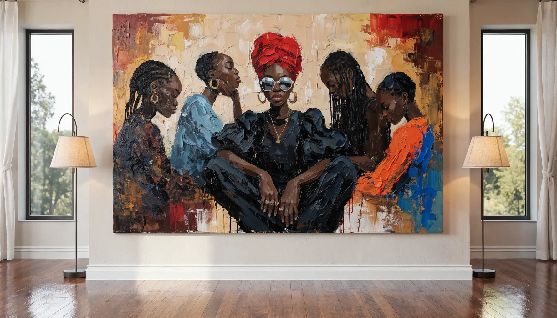 A first original Black-art painting hanging on a clean minimalist living-room wall