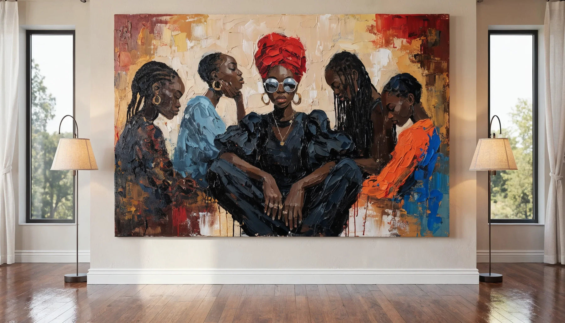 A first original Black-art painting hanging on a clean minimalist living-room wall