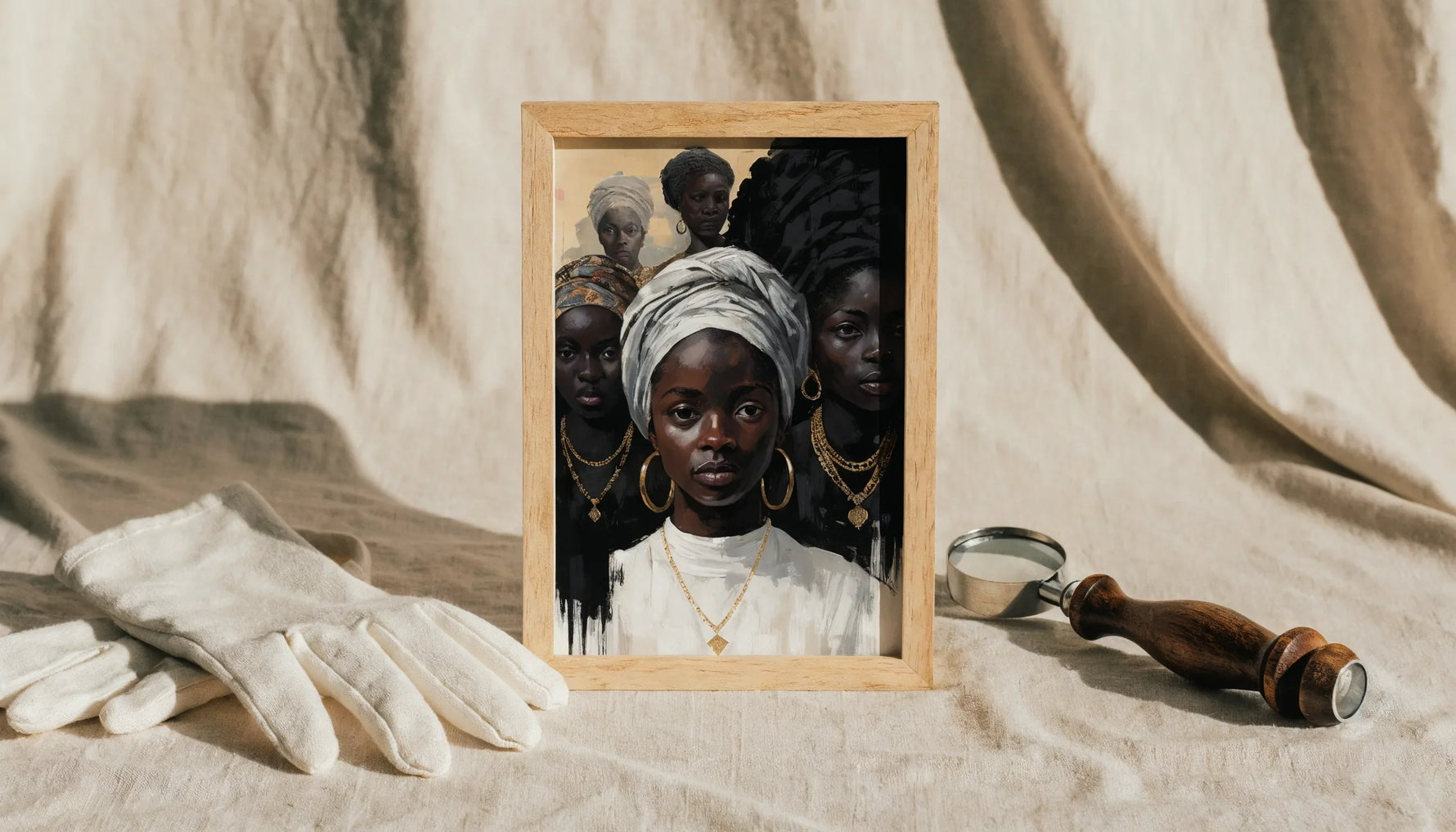 A framed Black-art print with a loupe and cotton gloves in a minimalist flat-lay