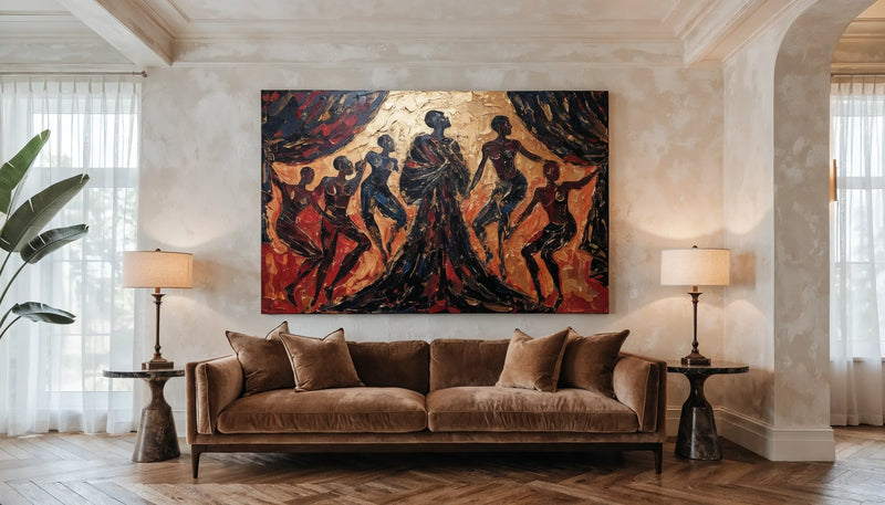 A styled living room with a large original Black-art canvas above a sofa