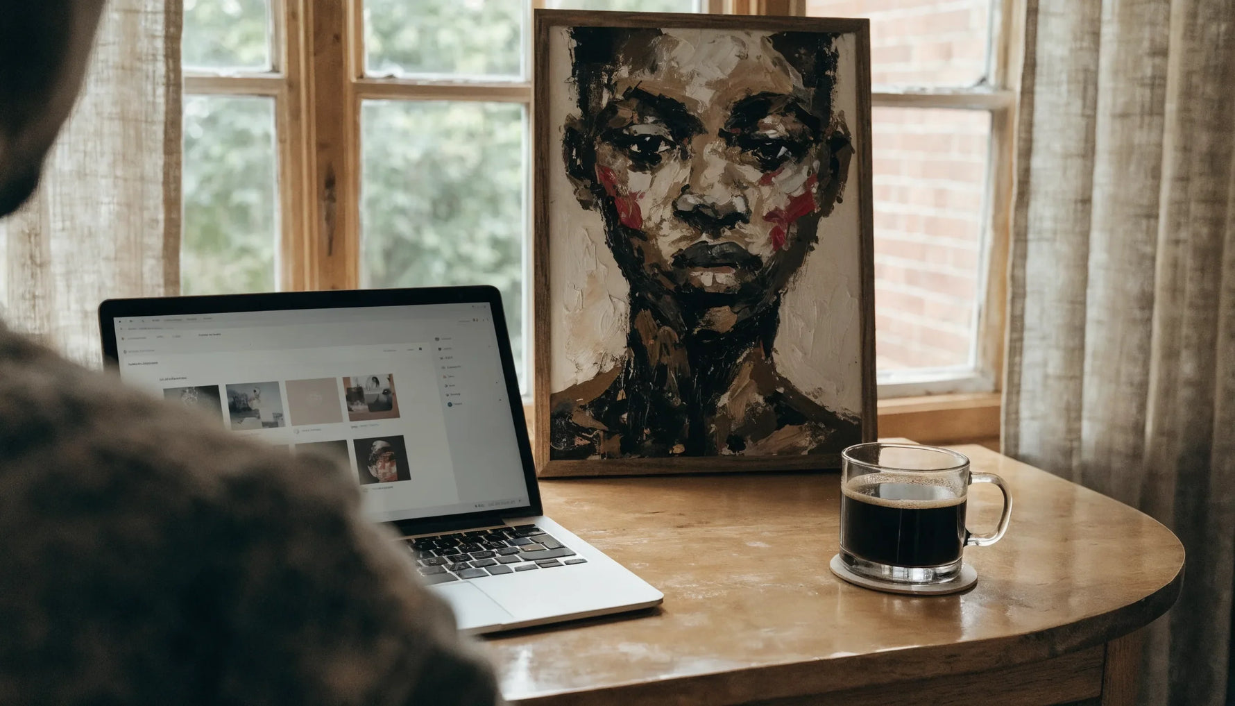 A laptop showing an ambiguous art shop beside a framed Black-art print on a desk