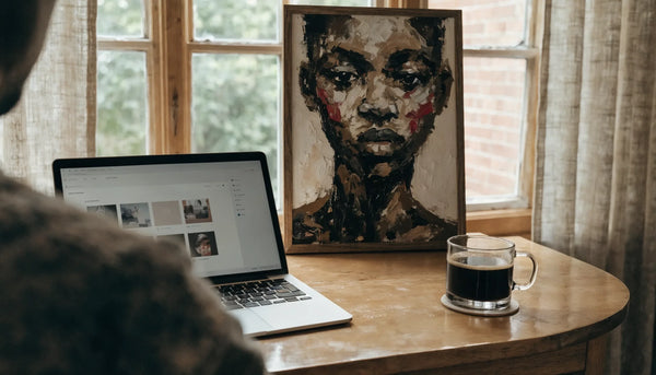 A laptop showing an ambiguous art shop beside a framed Black-art print on a desk