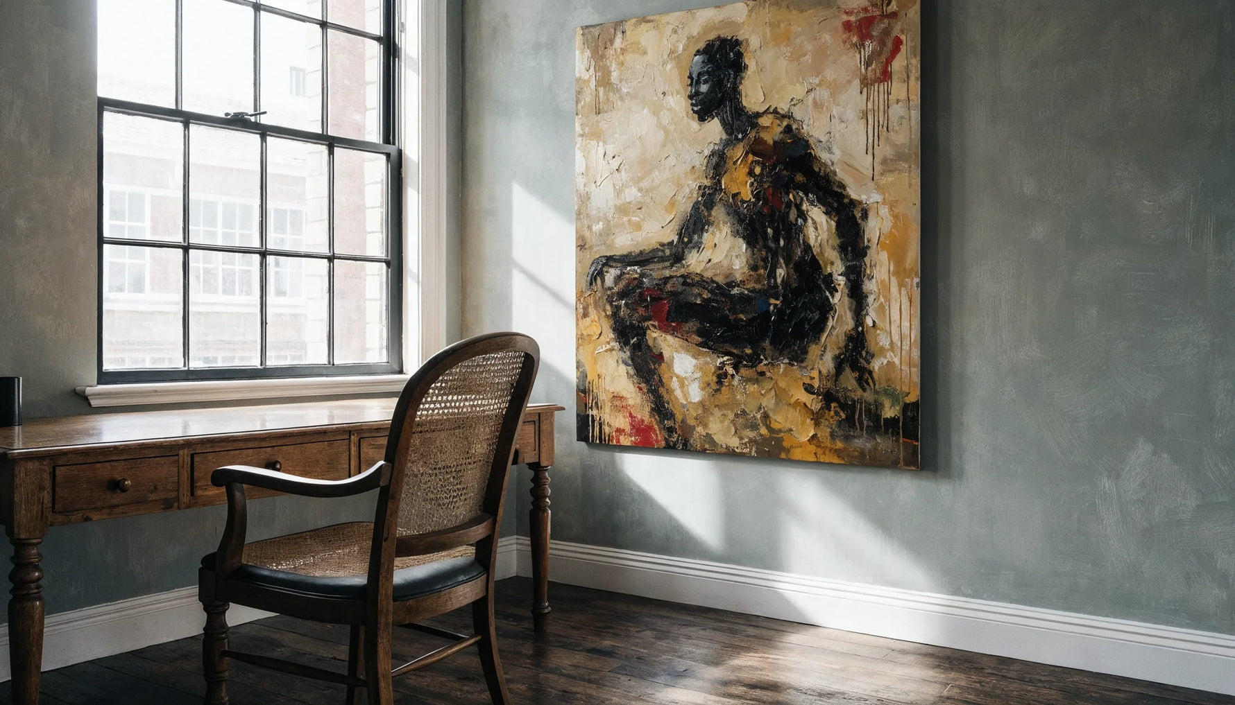 A home office desk and empty chair with one warm toned canvas hung off center on the wall behind it