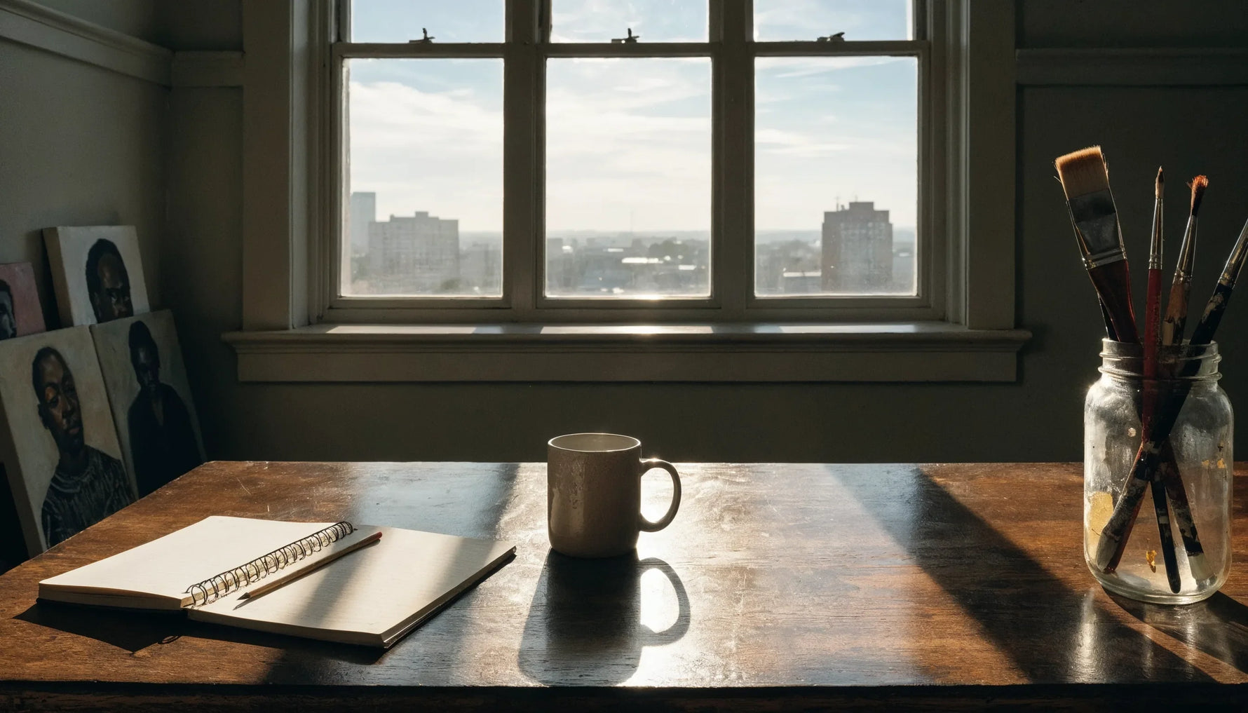 An artist's desk at dusk with stacked canvases, an open blank notebook, and brushes in a jar