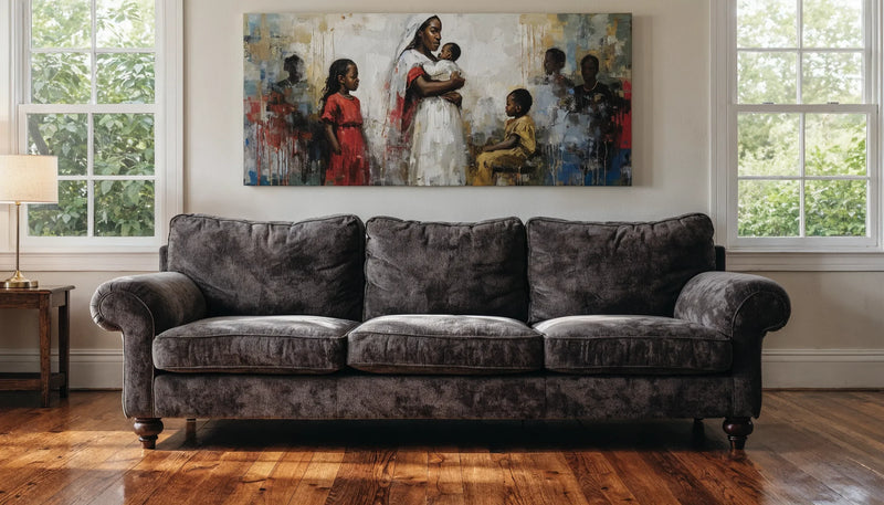 A wide canvas painting hung centered above a sofa with an even gap between the sofa back and the frame