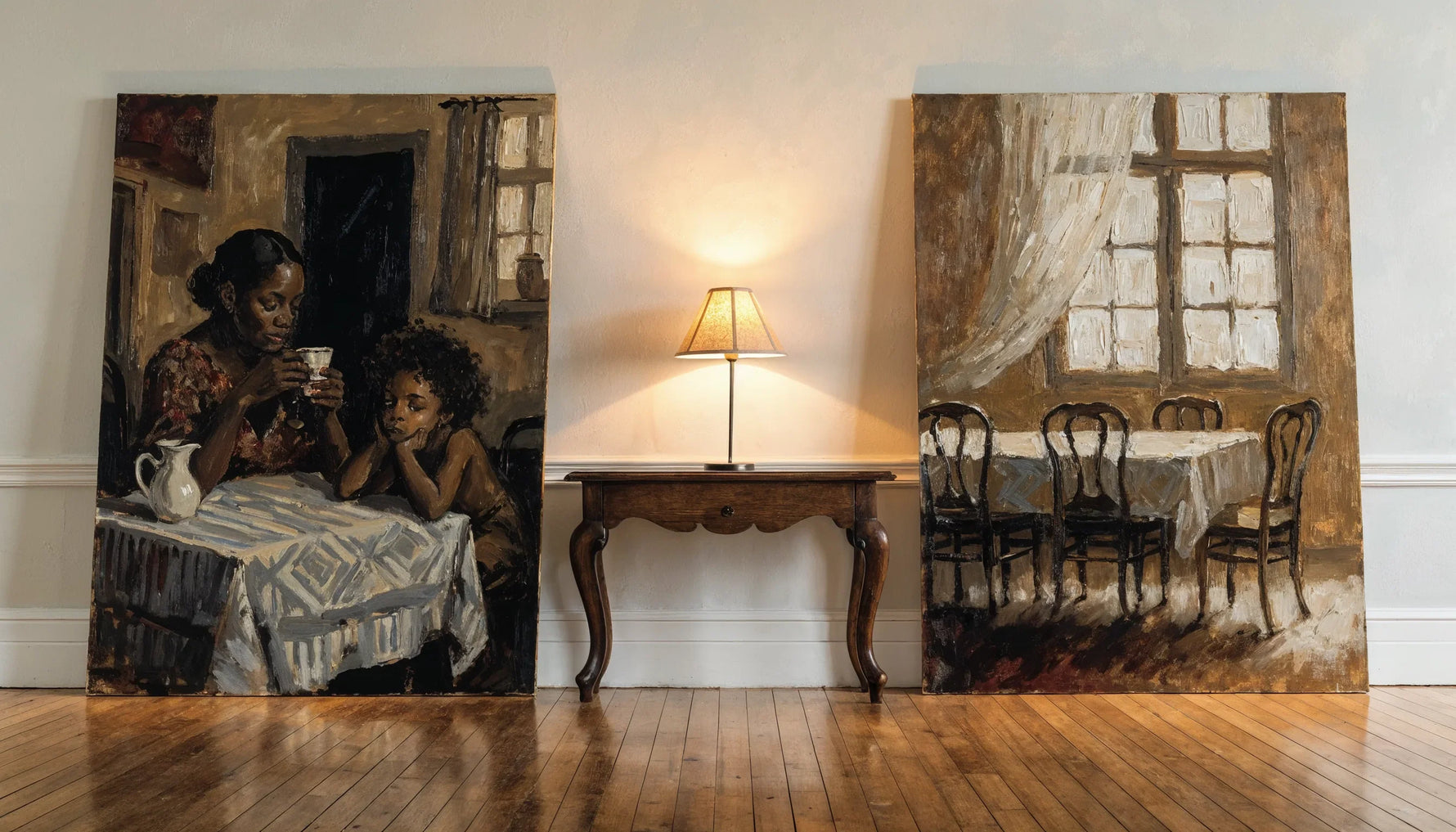 Two unhung canvases with different subjects propped side by side on a console table under a lamp, with a bare wall behind them.