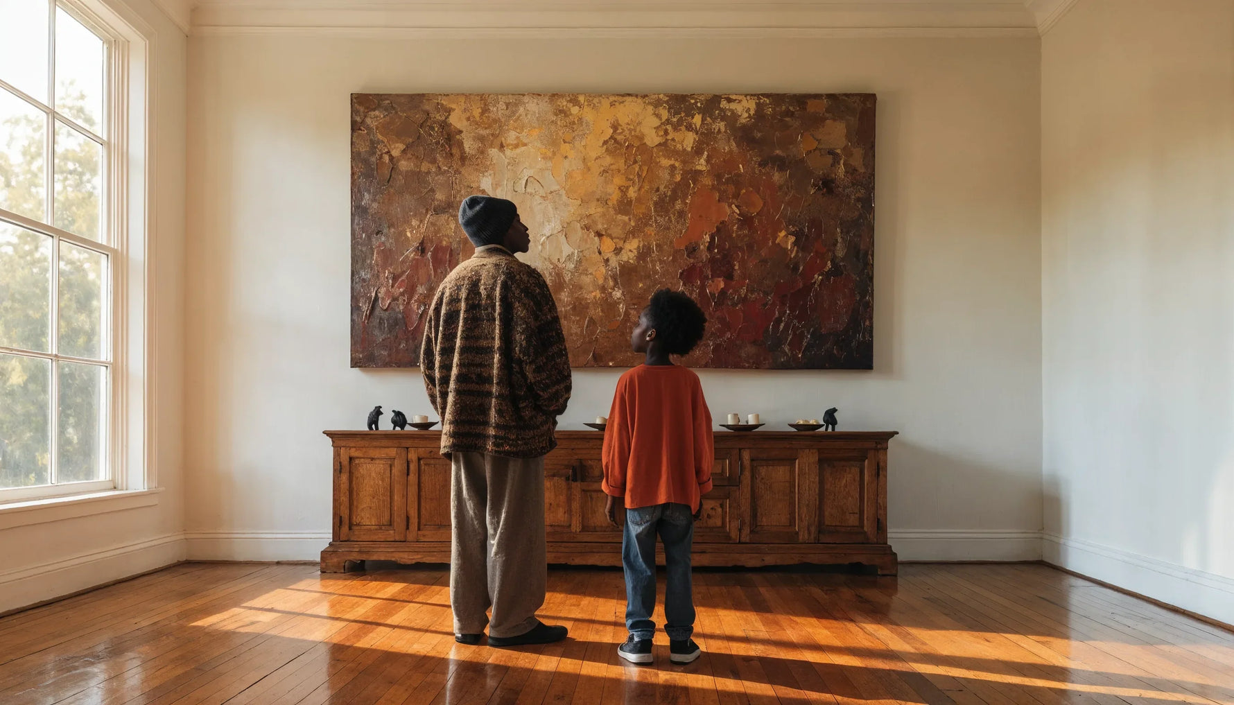 An adult and a child seen from behind looking up at a framed canvas above a sideboard