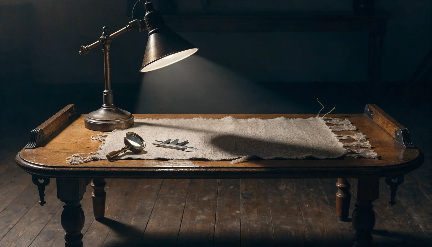 A canvas lying face up on an inspection bench under raking lamp light beside a loupe and calipers