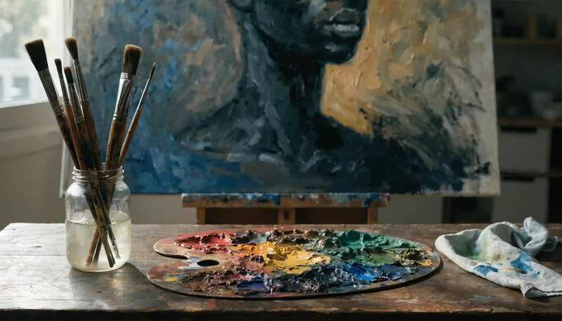 A painter's worktable with a used palette, brushes in water, and a partly finished canvas turned away on an easel