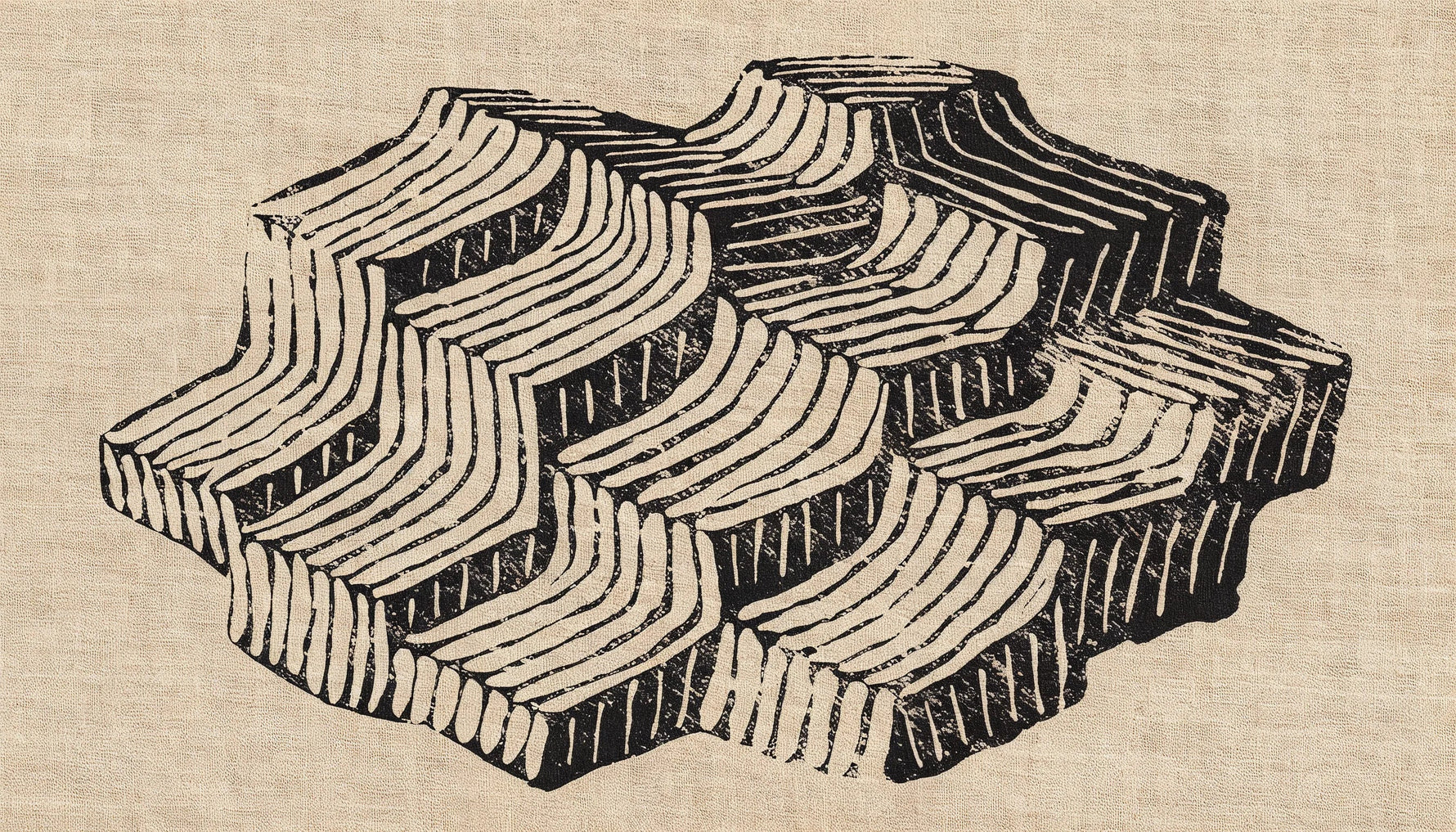One large geometric stamped motif in black ink on warm linen, set off center with plain space around it