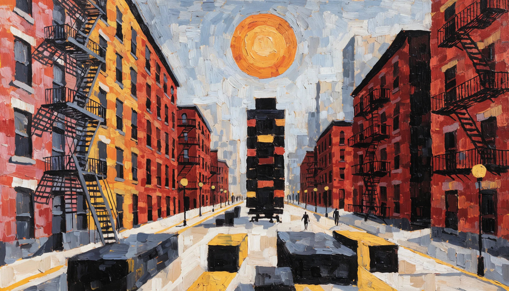 A bold modernist narrative painting in flat tempera colors and geometric shapes evoking the Great Migration, an original composition, not a copy of any real work.