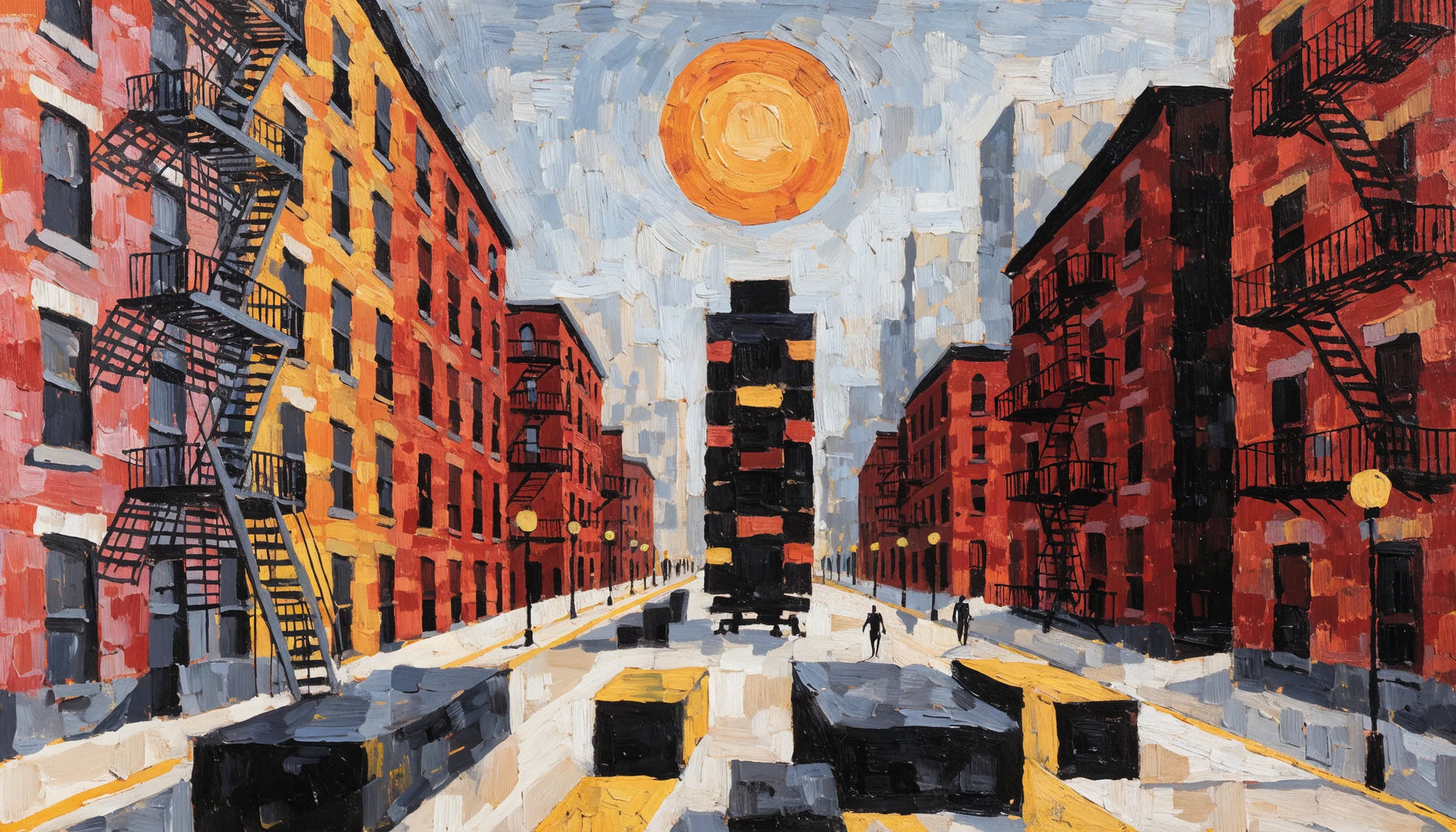 A bold modernist narrative painting in flat tempera colors and geometric shapes evoking the Great Migration, an original composition, not a copy of any real work.