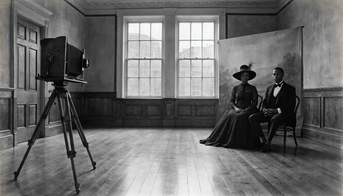 Black couple in 1920s evening dress posed beside a wooden view camera, sepia-toned portrait studio scene, soft diffused skylight
