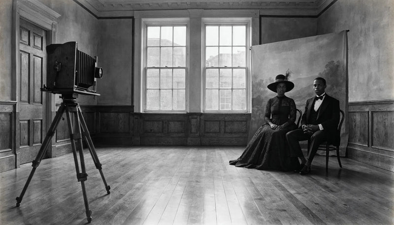 Black couple in 1920s evening dress posed beside a wooden view camera, sepia-toned portrait studio scene, soft diffused skylight