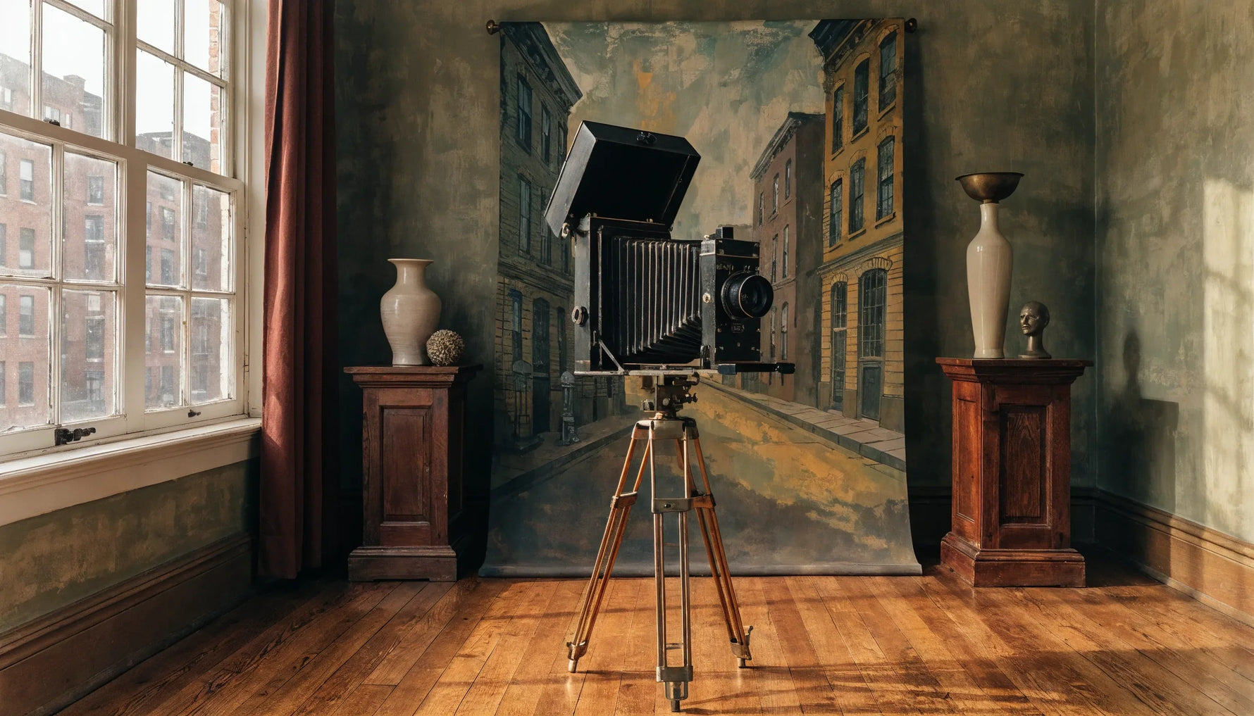 A 1920s Harlem photography portrait studio with a large-format bellows camera, painted backdrop and props, warm light, no people.