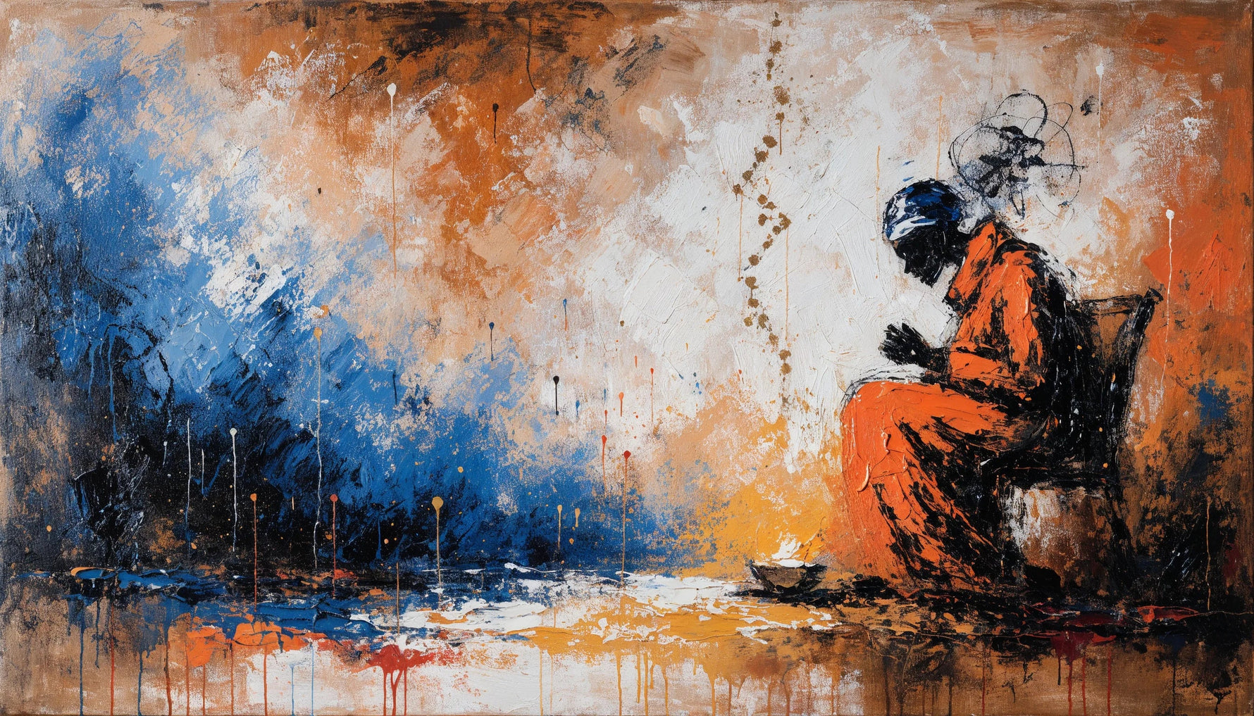 Painting of a seated Black figure drawn in raw oil stick line on bare canvas, with an indigo wash across the left and gold marks rising past the shoulder.
