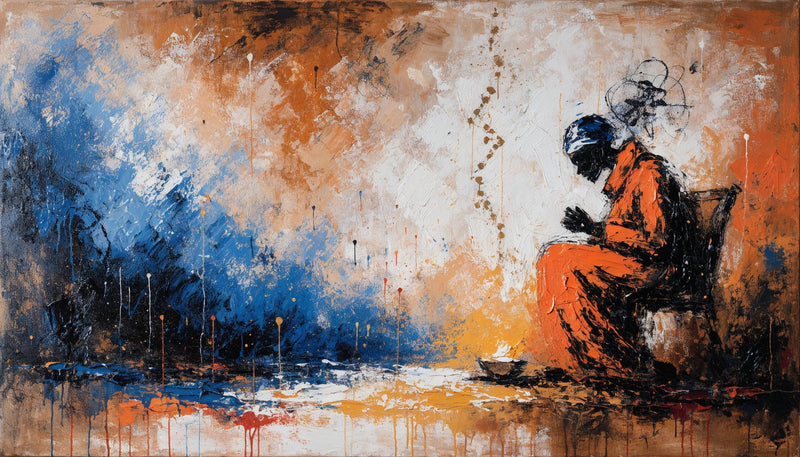 Painting of a seated Black figure drawn in raw oil stick line on bare canvas, with an indigo wash across the left and gold marks rising past the shoulder.