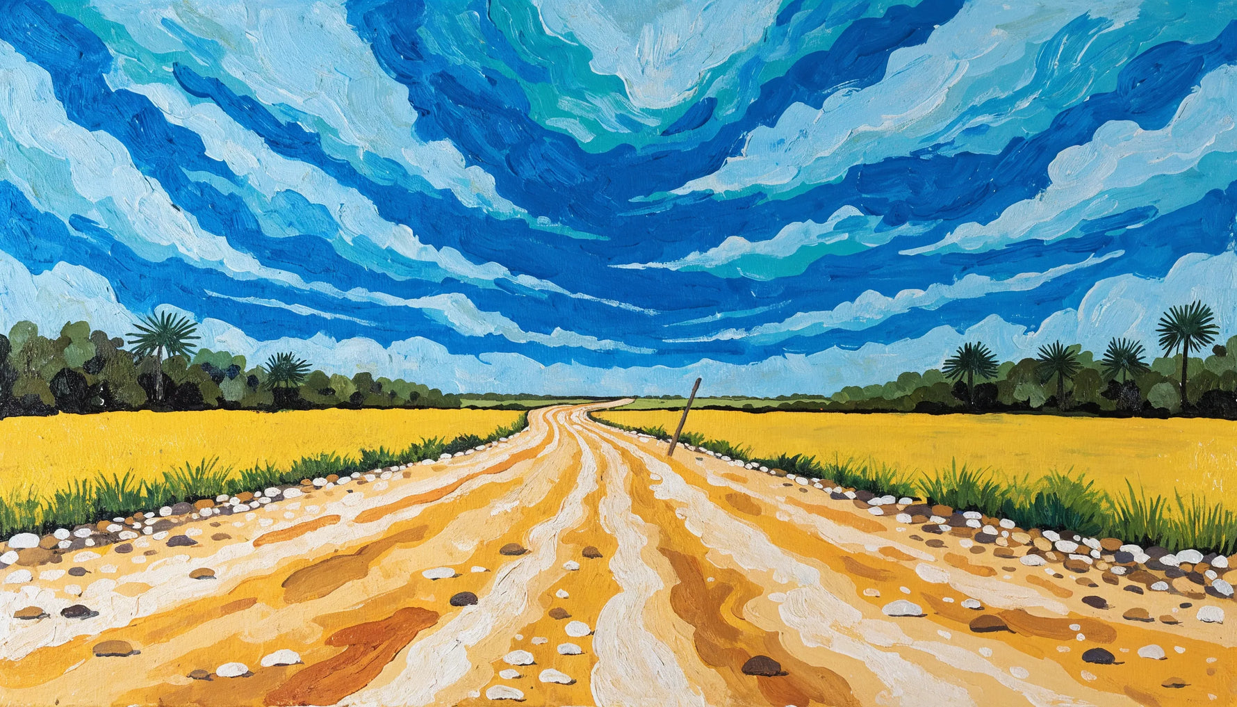 Painting of a sandy road curving between open fields, built from wide flat planes of cobalt, yellow and deep green