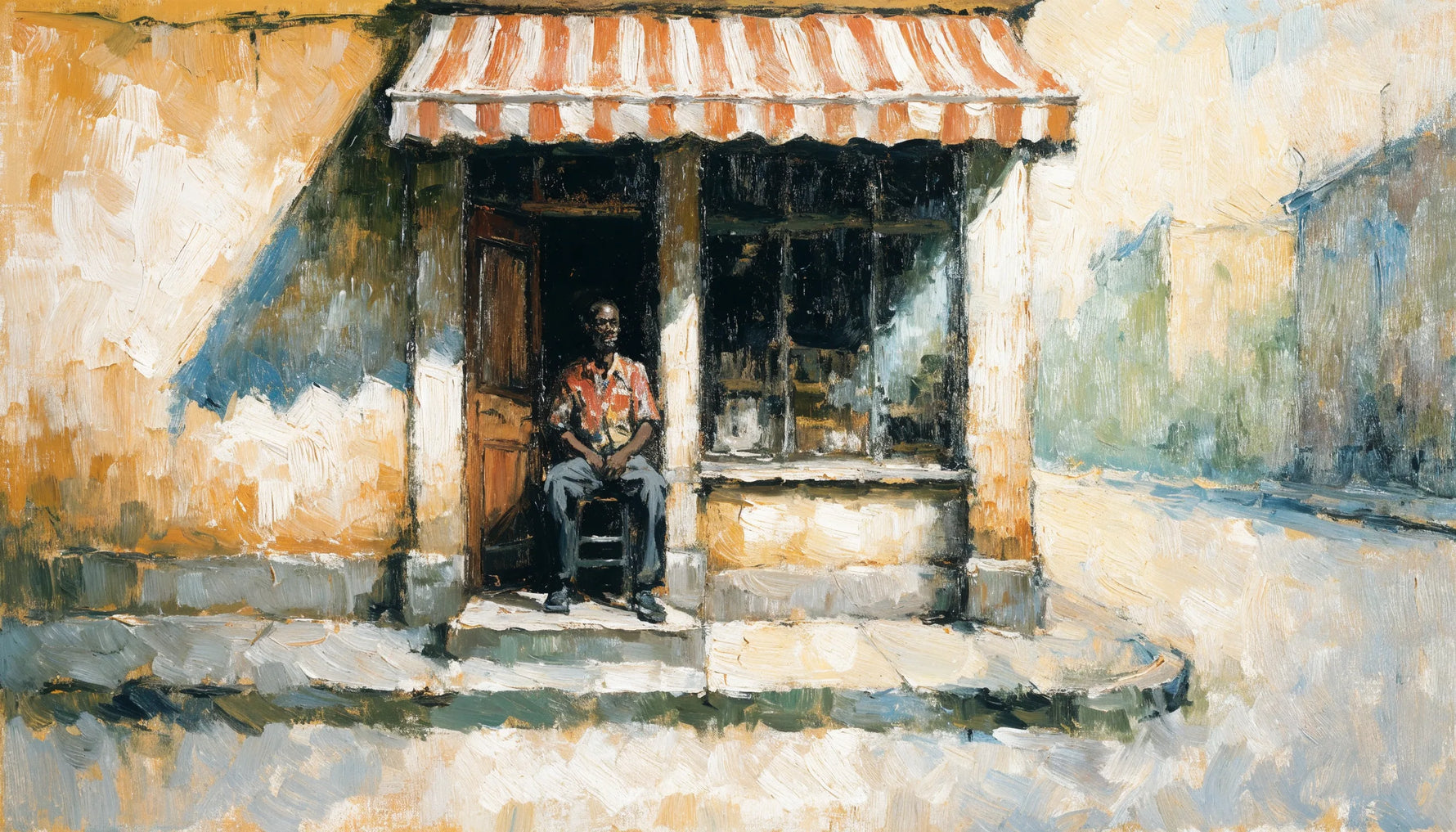 Oil painting of a shopkeeper seated on a stool in the open doorway of a small neighborhood shop.