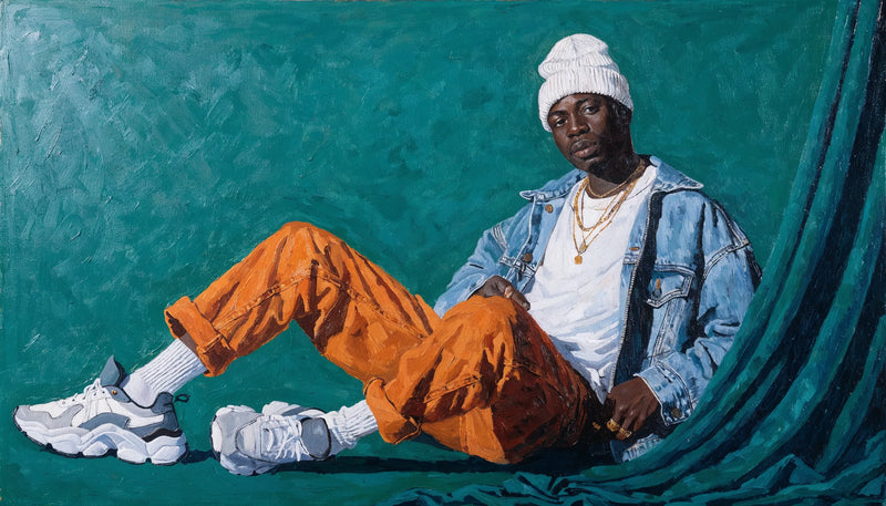 Oil portrait of a young man in contemporary clothes seated in a formal pose against a deep plain background with a draped curtain.