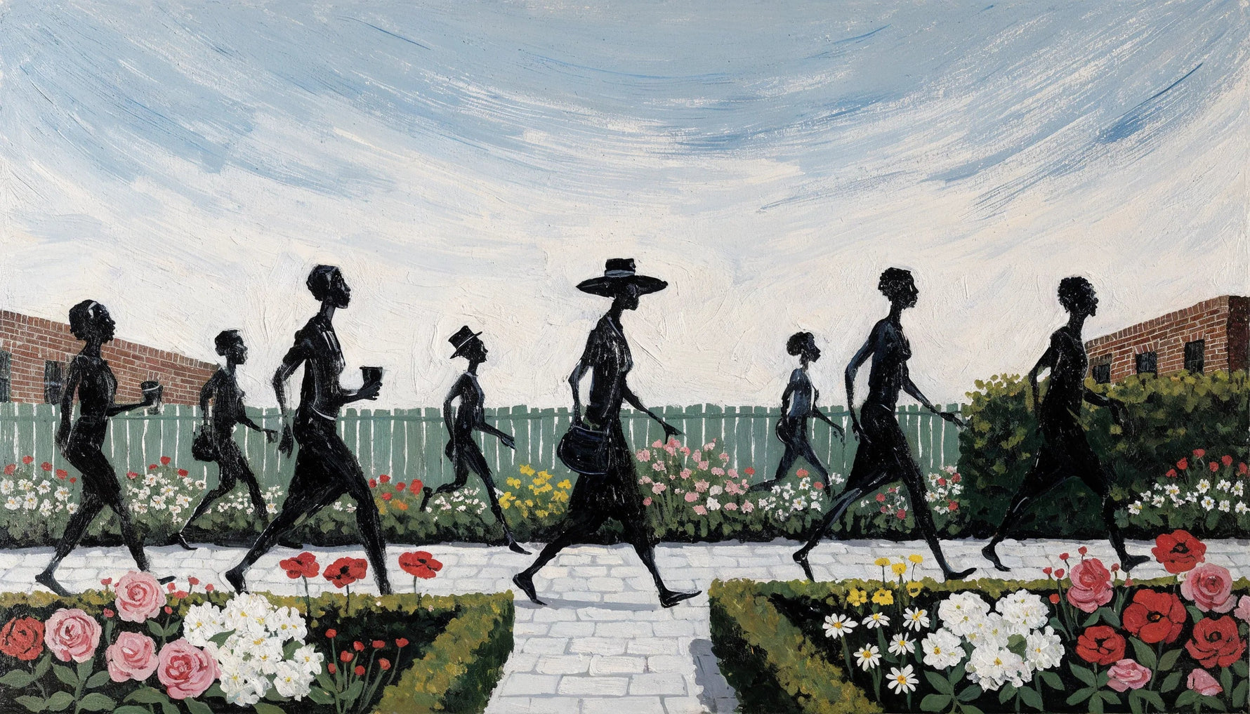 Painting of a neighborhood garden courtyard with figures rendered in deep black tones among bright flower beds.