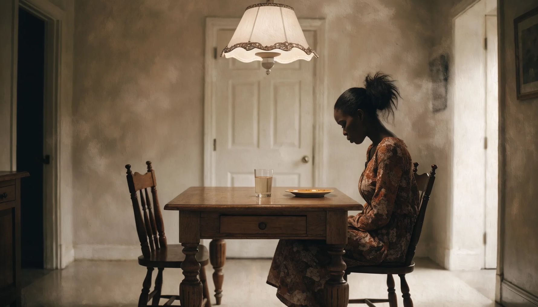 A quiet intimate original painterly scene of a Black woman seated at a kitchen table under a hanging light, contemplative, not a photograph.