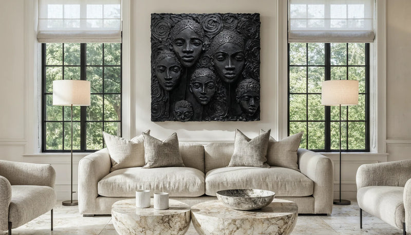 A modern living room with a bold original Black artwork as the centerpiece above a sofa.