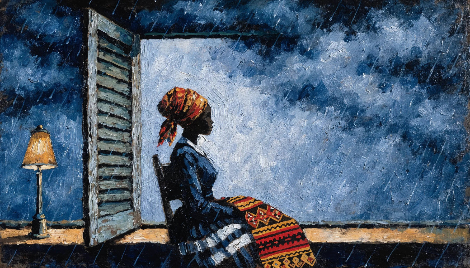 Painting of a Black woman sitting in profile by an open shutter at night with patterned cloth across her lap, lit by a single warm lamp.