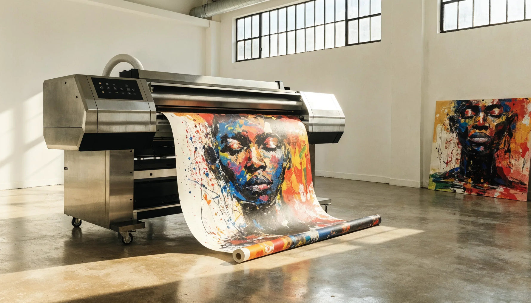 A wide format printer feeding a canvas roll on an otherwise empty print shop floor