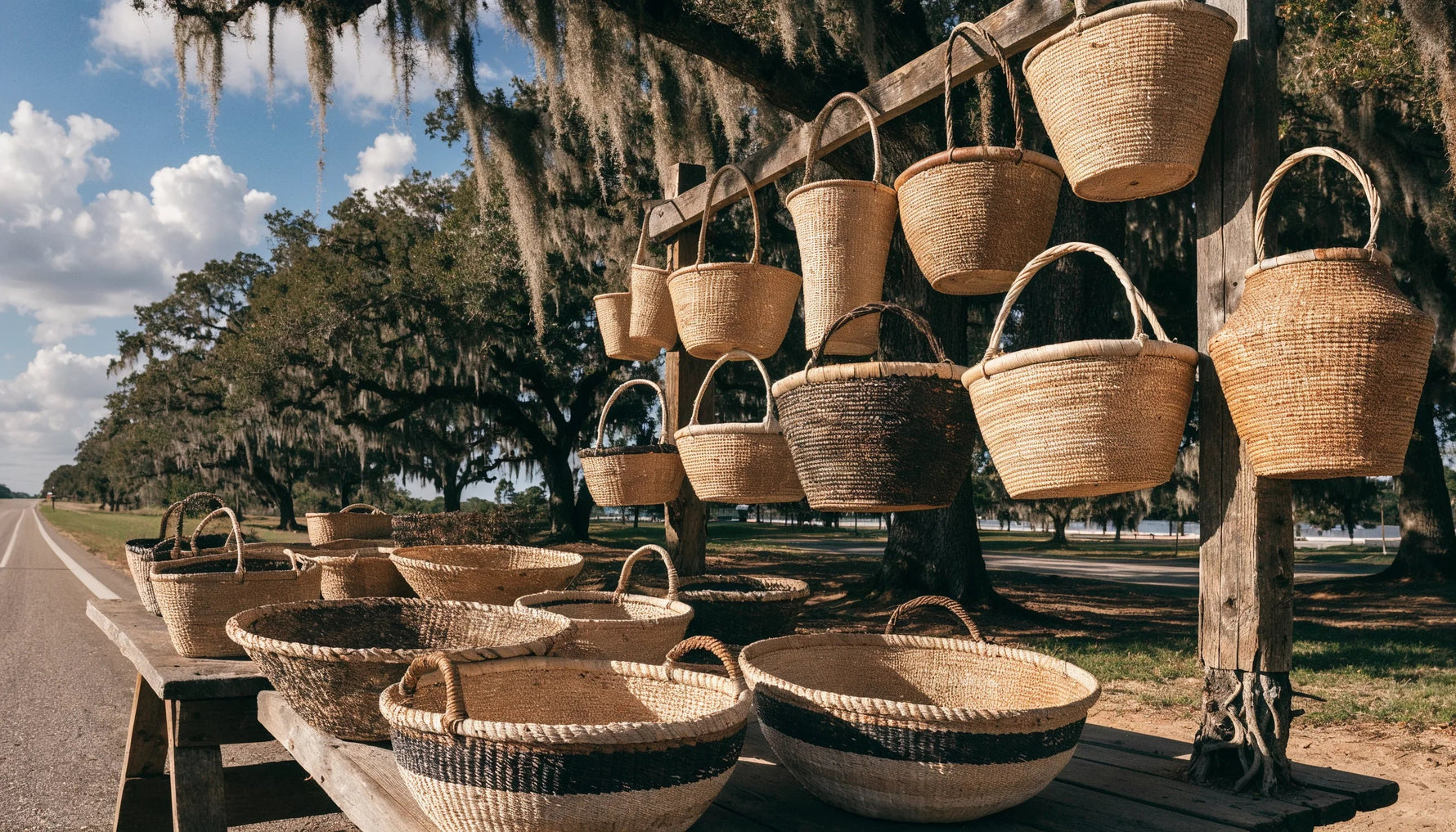 Roadside sweetgrass basket stand in Mount Pleasant, South Carolina, with handmade coiled baskets displayed under live oaks draped in Spanish moss