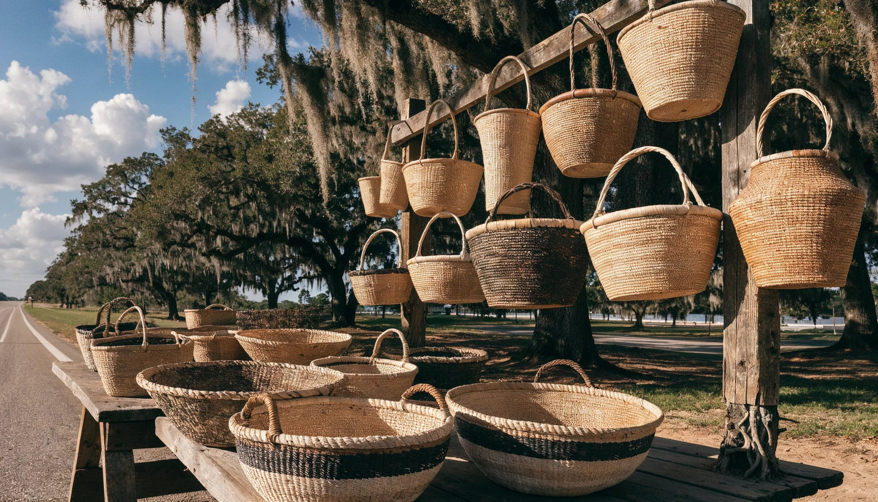 Roadside sweetgrass basket stand in Mount Pleasant, South Carolina, with handmade coiled baskets displayed under live oaks draped in Spanish moss