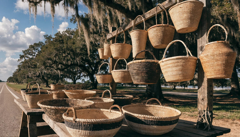 Roadside sweetgrass basket stand in Mount Pleasant, South Carolina, with handmade coiled baskets displayed under live oaks draped in Spanish moss
