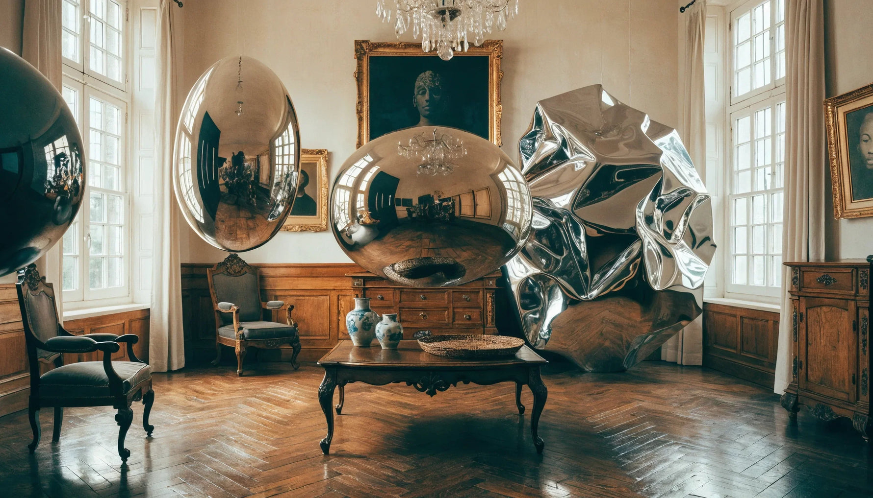 A museum period room reimagined in an Afrofuturist future, ornate heritage furnishings meeting sleek futurist design, no people.